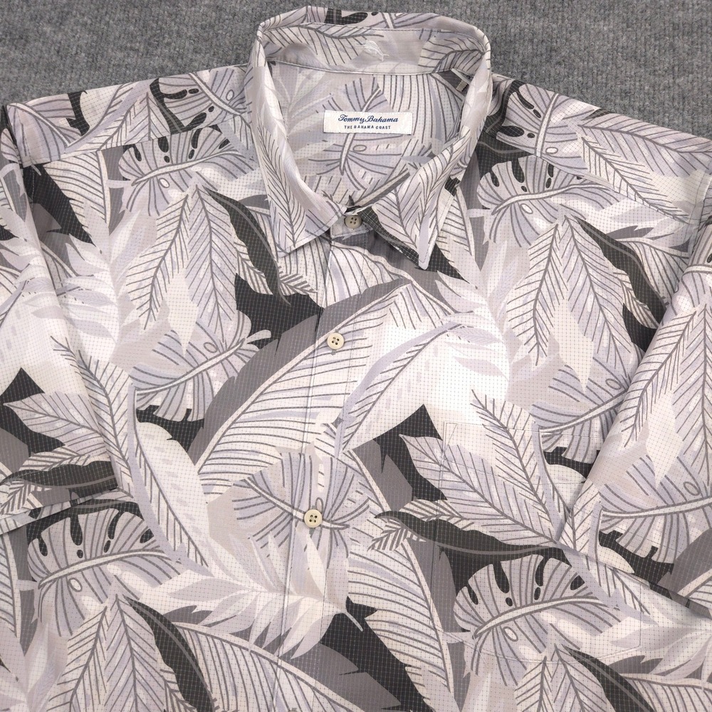 Tommy Bahama Coast Shirt Mens XXL Gray Hawaiian Tropical Leaf AOP IslandZone